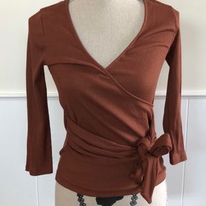 Express 3/4 Sleeve Ribbed Wrap Black Top